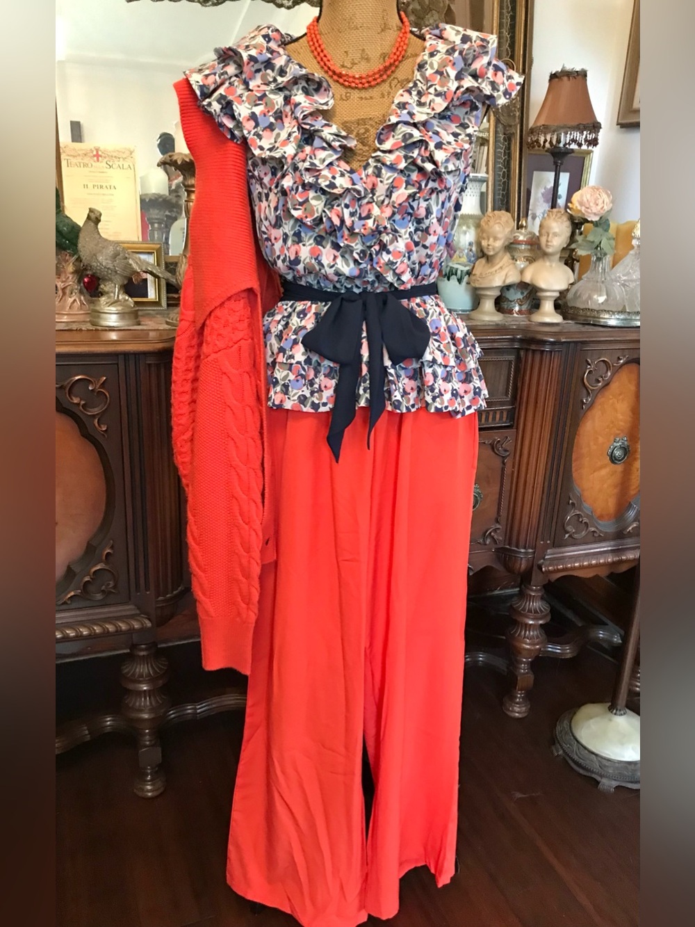 Vintage Summer Fall Coral Orange Pants, Sweater (Paris France) Floral Blouse Set